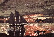 Winslow Homer Fiery red sunset scene oil